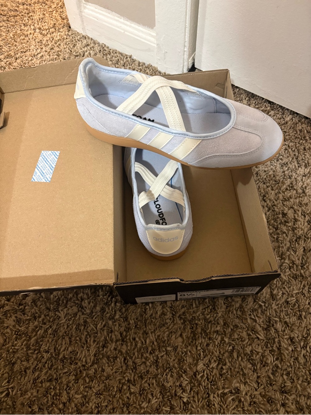 adidas Women’s Light Blue Suede Slip-On Sneakers with White Straps and Gum Sole